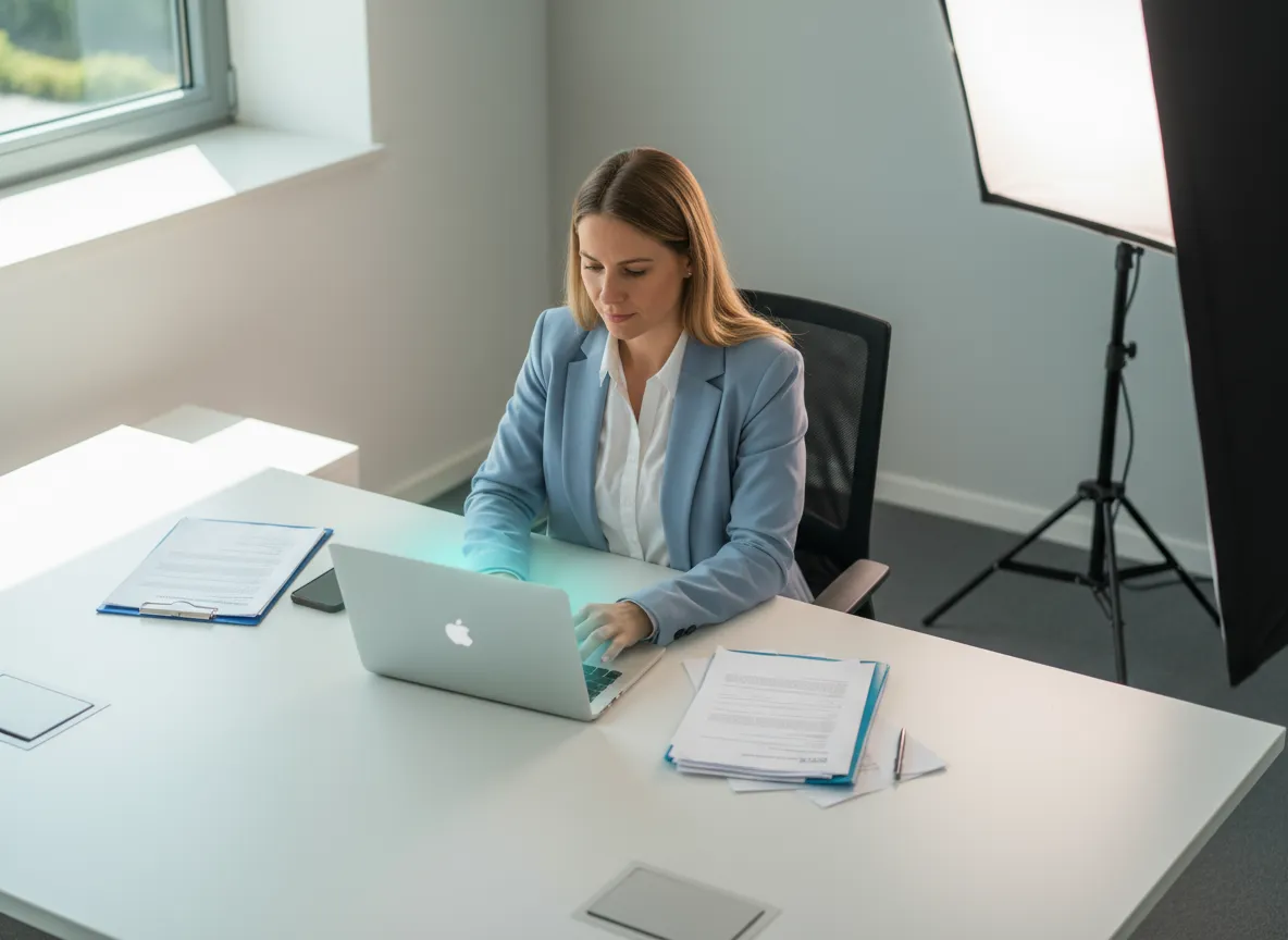 Projektplanerin am Schreibtisch mit Laptop und Unterlagen
